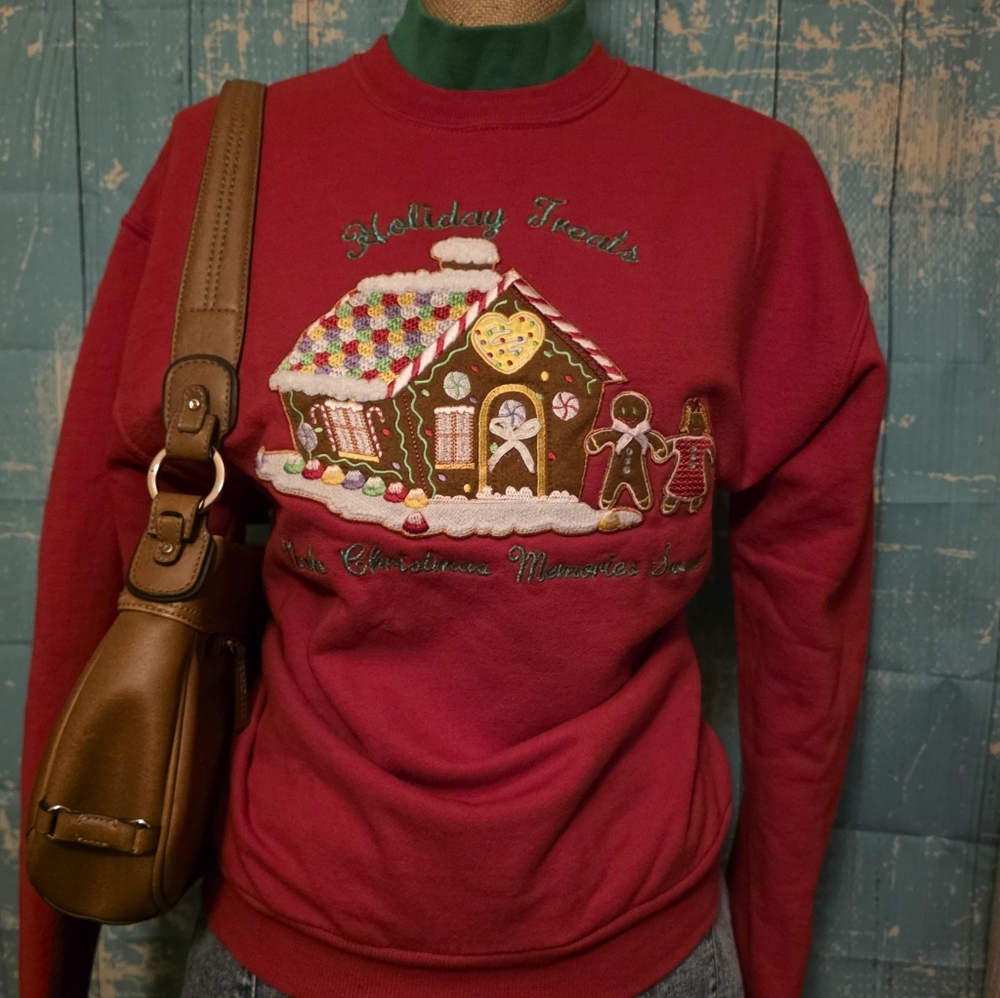 Vintage Christmas Sweater Womens, Embroidered Gingerbread House and Gingerbread - Picture 3 of 15